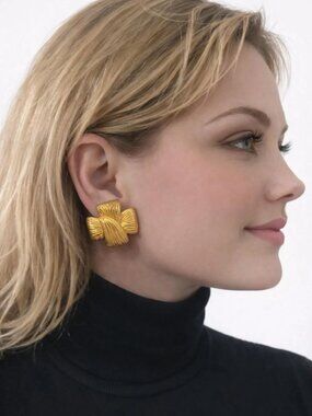 Vintage Givenchy Gold Bow Earrings Clip On Statement 80s Designer
